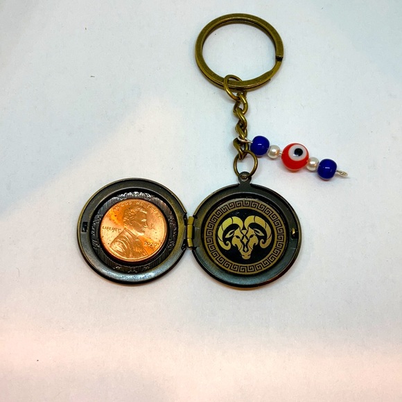 Zodiac Aries Locket Keychain: Embracing Courage with Greek Key & Evil Eye Charm - Picture 3 of 3